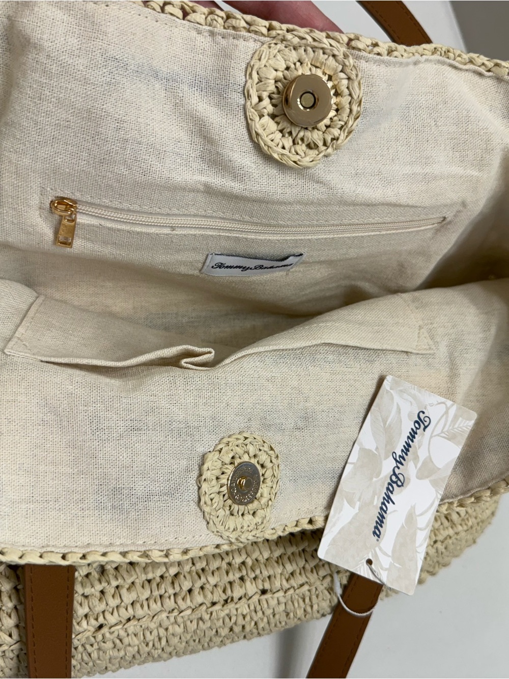 Tommy Bahama Cream and Navy Woven Straw Tote with Brown Handles NWT - Picture 4 of 8